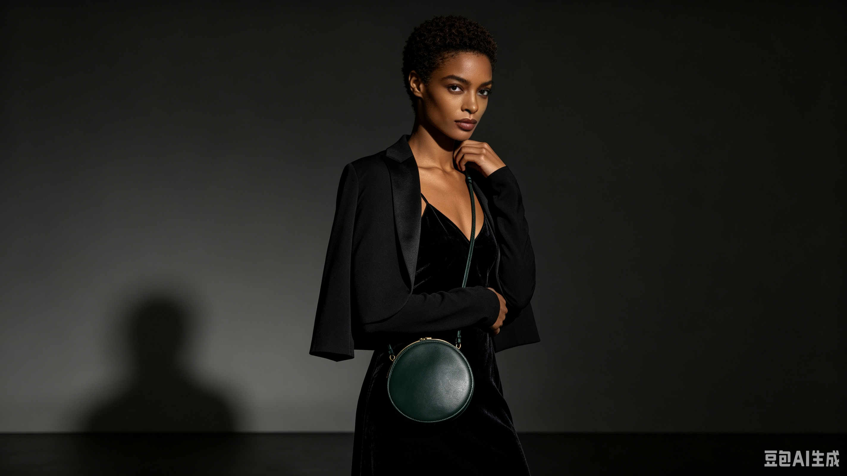 Model with forest green leather crossbody bag